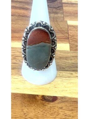 Handmade artisan genuine jaspar stone ring with .925 sterling silver band